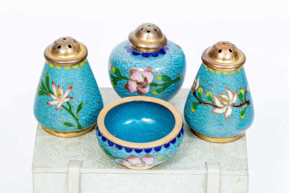Vintage Cloisonné Enamel Casters Set – Floral Turquoise (4 Pieces)